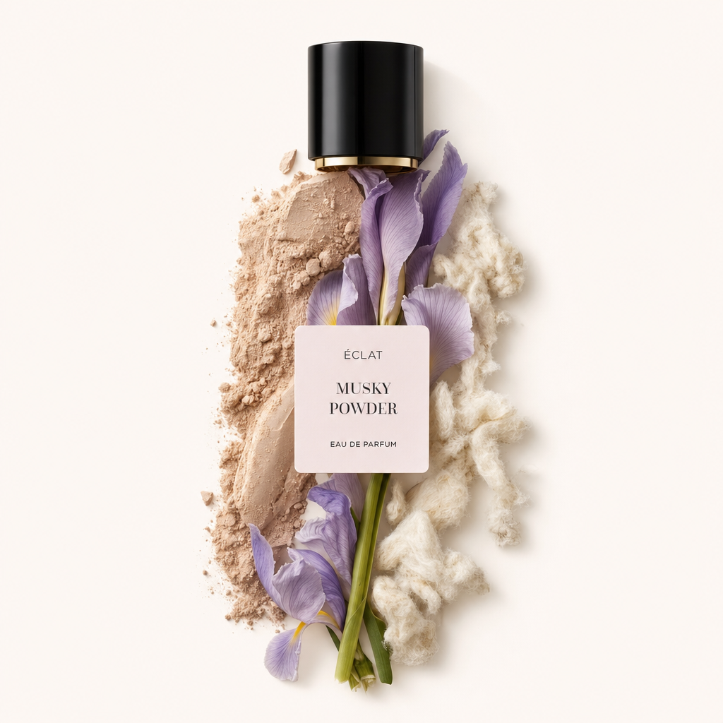 Ein Arrangement aus moschusartigem Puder, zarten lila Schwertlilien und weichen texturierten Fasern umgibt die originale schwarze ÉCLAT-Verschlusskappe mit Etikett.