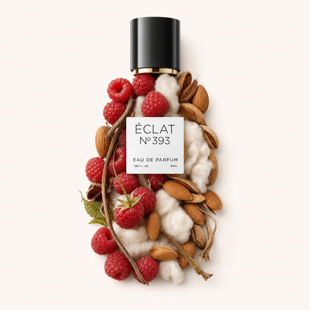 Ein Arrangement aus Himbeeren, Mandeln, Baumwolle und Zweigen umgibt die originale schwarze Verschlusskappe mit Etikett für ÉCLAT Musky Raspberry.