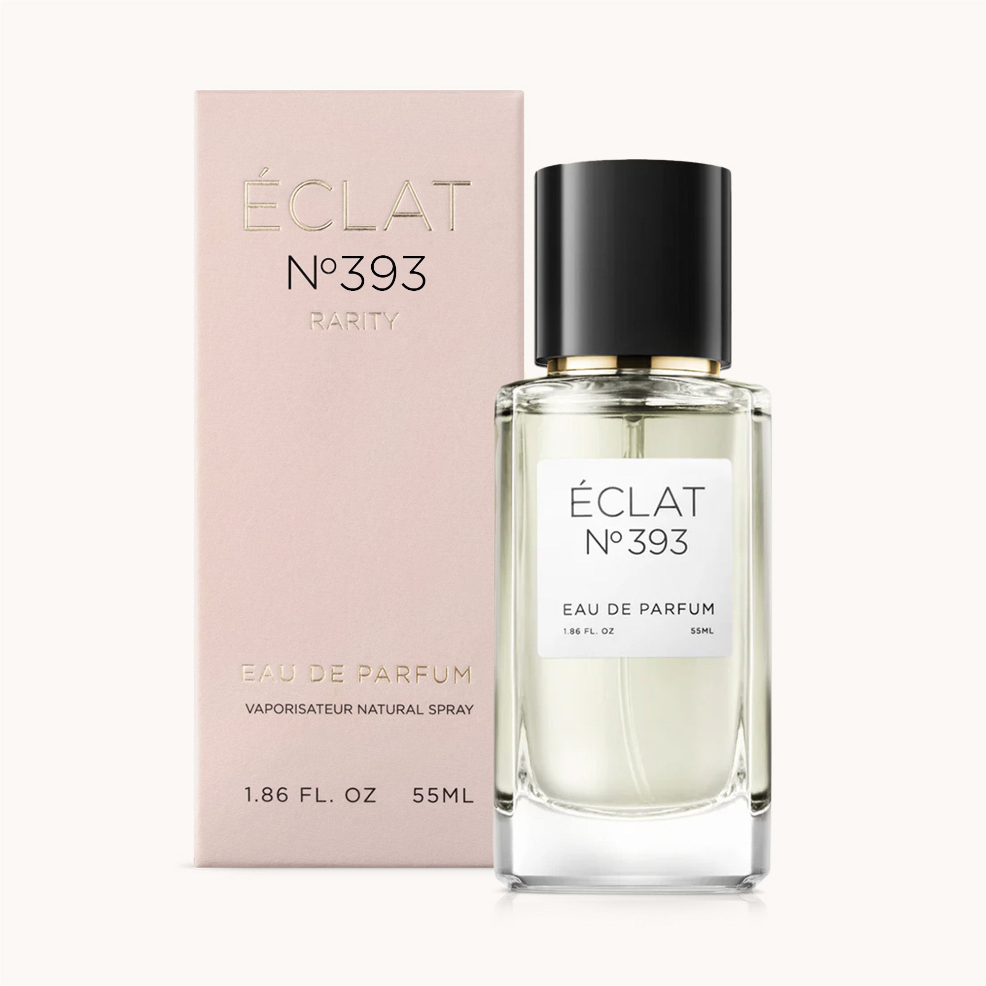Eleganter ÉCLAT Musky Raspberry Parfumflakon mit schwarzem Verschluss, daneben eine rosafarbene Box mit goldenen Details.