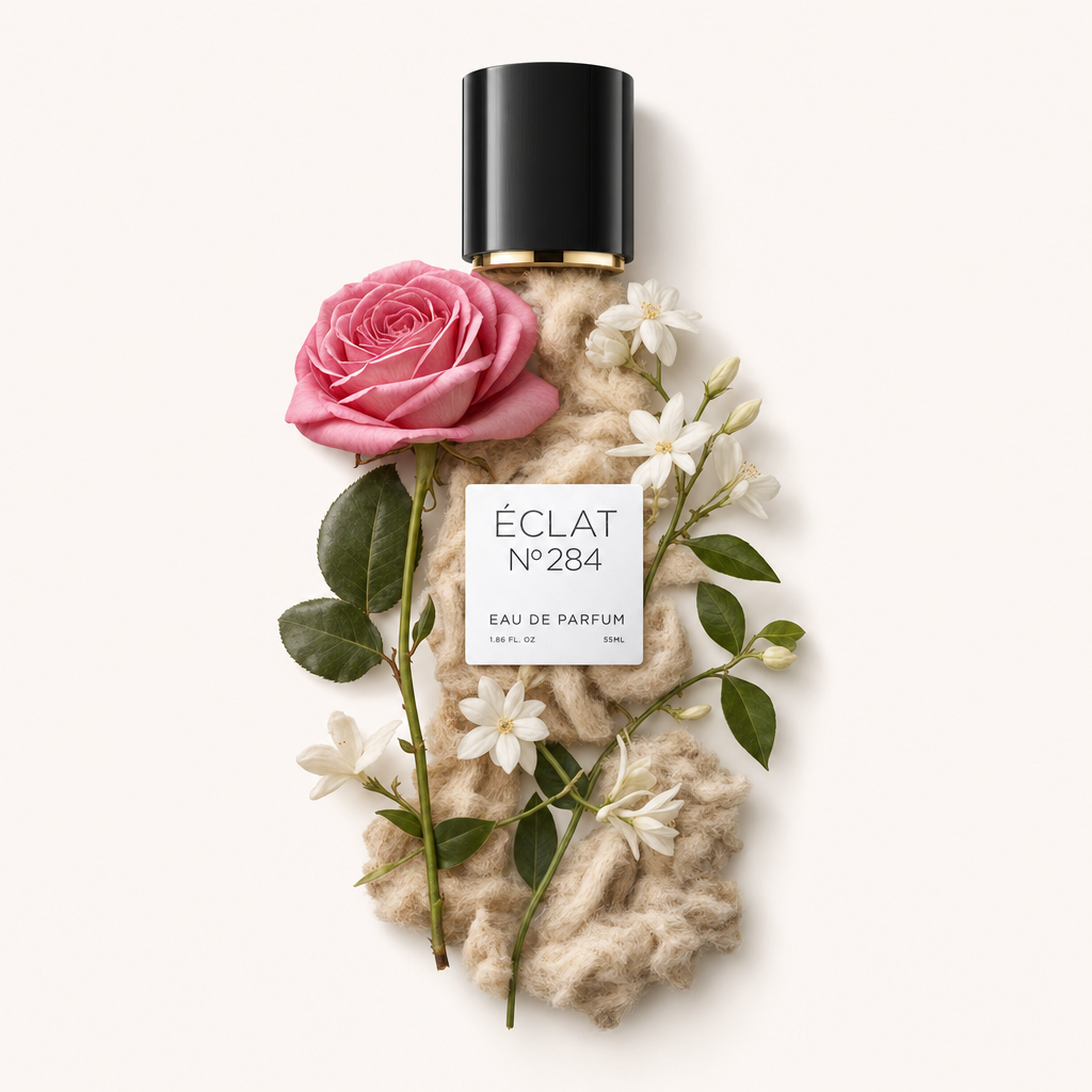 Ein Arrangement aus einer rosa Rose, weißen Jasminblüten und grünen Blättern auf einem texturierten beigen Material, gekrönt von einer schwarzen Kappe mit ÉCLAT Musky Rose Etikett.