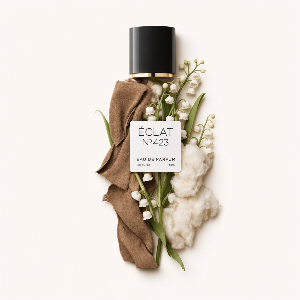 Ein Arrangement aus Wildlederstoff, Maiglöckchenblüten und weicher Wolle umgibt die originale schwarze Kappe mit ÉCLAT-Etikett.