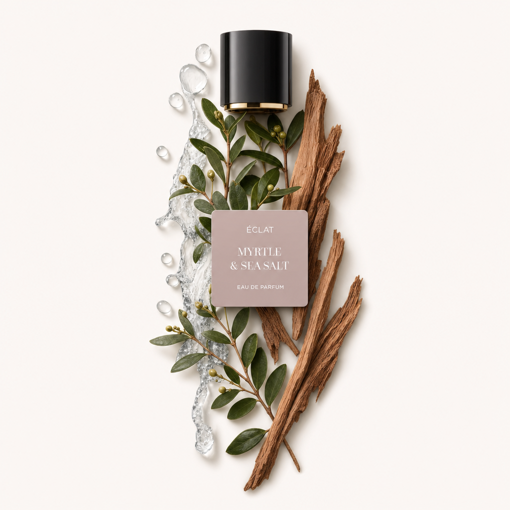Ein Arrangement aus Myrtenzweigen mit Beeren, fließendem Meersalz und Holzstücken neben einer schwarzen Kappe mit Etikett für ÉCLAT Myrtle & Sea Salt.