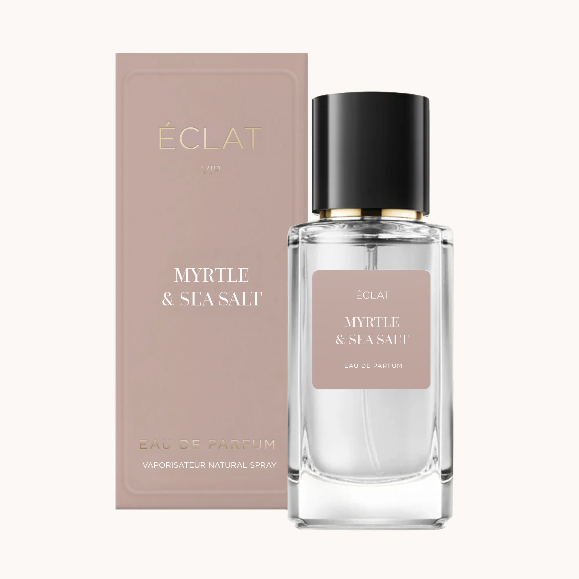 Ein facettierter Glasflakon von ÉCLAT Myrtle & Sea Salt mit schwarzer Kappe, begleitet von einer matten Box in Taupe mit goldener Schrift.