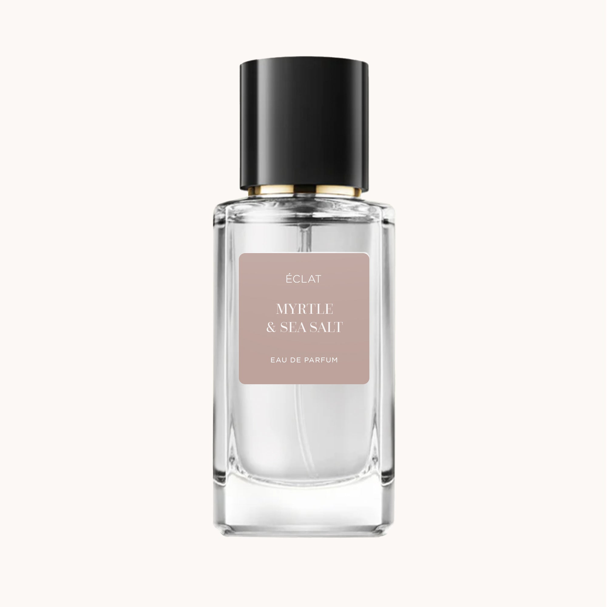 Facettierter Glasflakon von ÉCLAT Myrtle & Sea Salt mit schwarzem Verschluss und einem dezent beigen Etikett.