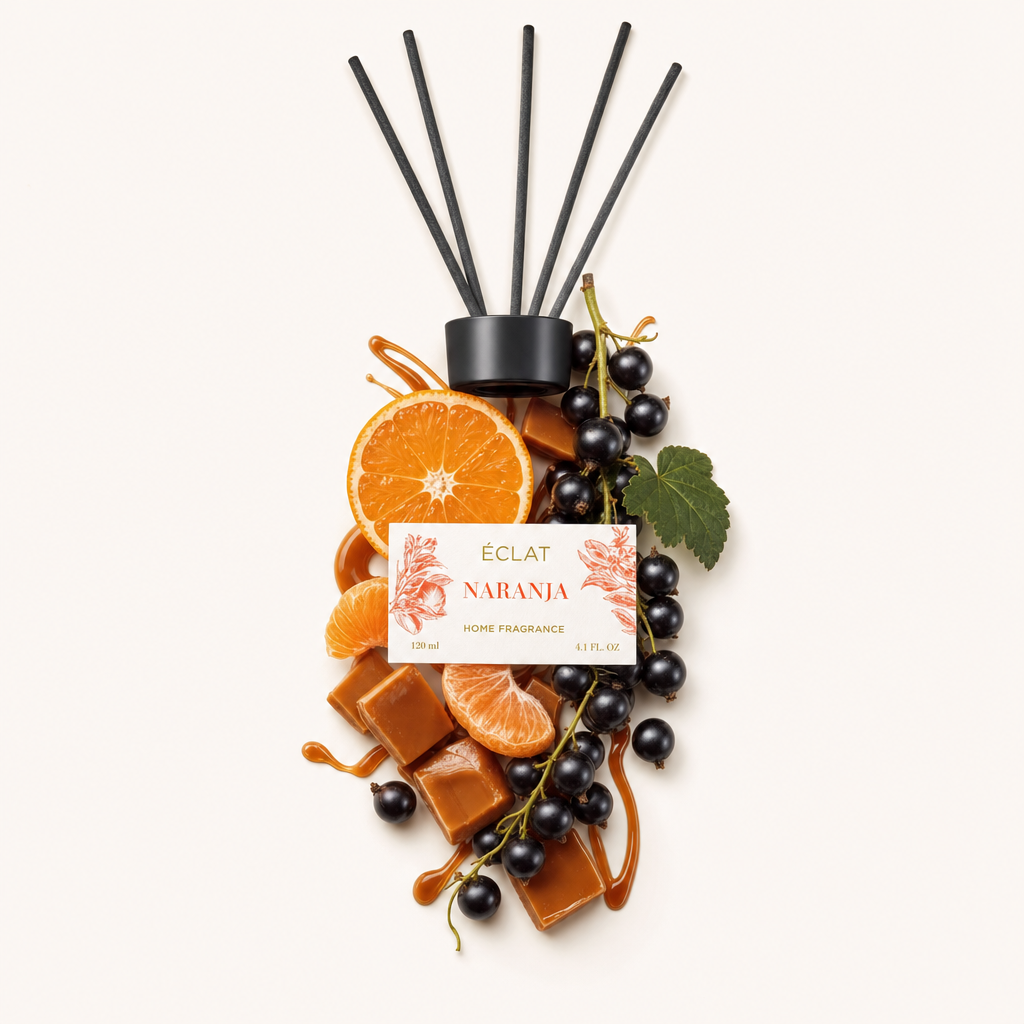 Ein Arrangement aus Orangenscheiben, Karamellstücken, schwarzen Johannisbeeren und einem grünen Blatt umgibt eine schwarze Kappe mit der Aufschrift 'ÉCLAT Naranja'.