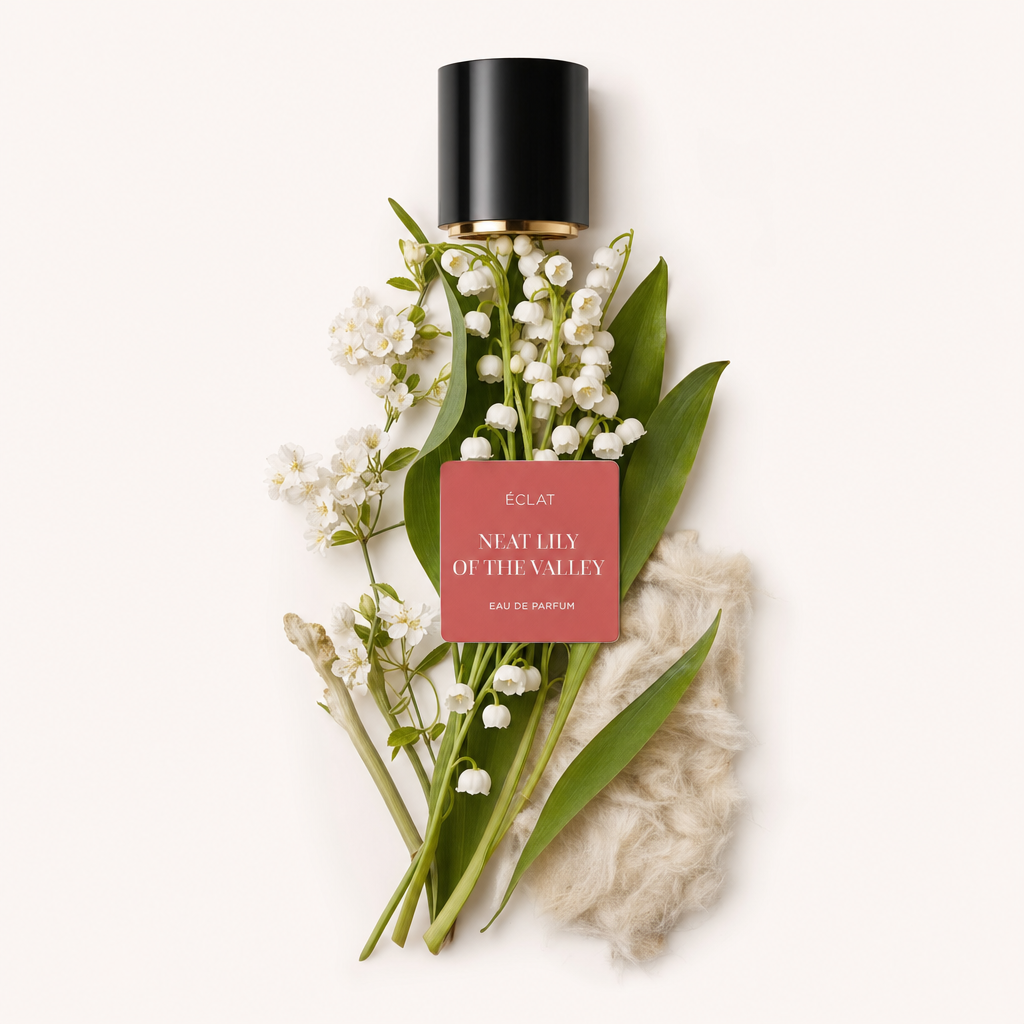 Ein Arrangement aus Maiglöckchen und Blättern mit einer schwarzen Kappe, die das Etikett ÉCLAT Neat Lily of the Valley zeigt, auf weich texturiertem Hintergrund.
