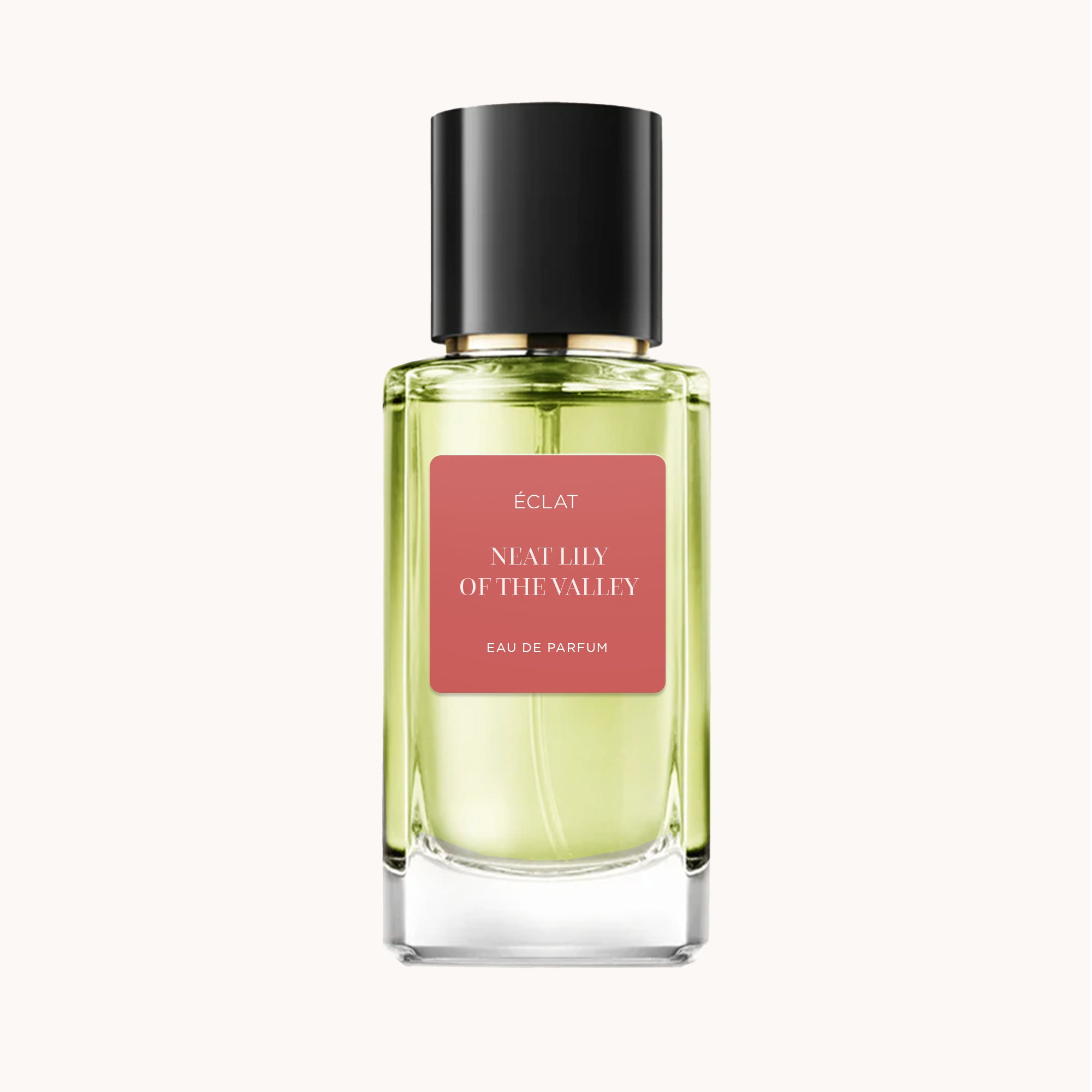 Facettierter Glasflakon von ÉCLAT Neat Lily of the Valley mit schwarzer Kappe und rosafarbenem Etikett.