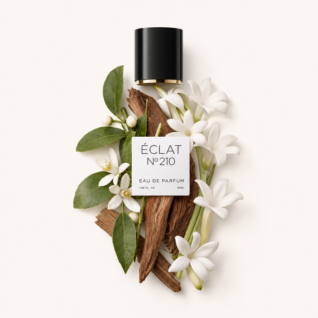 Ein Arrangement aus Stephanotis-Blüten und grünen Blättern umgibt ein Holzstück, neben einer schwarzen Kappe mit Goldrand und einem Etikett von ÉCLAT Neroli & Stephanotis.