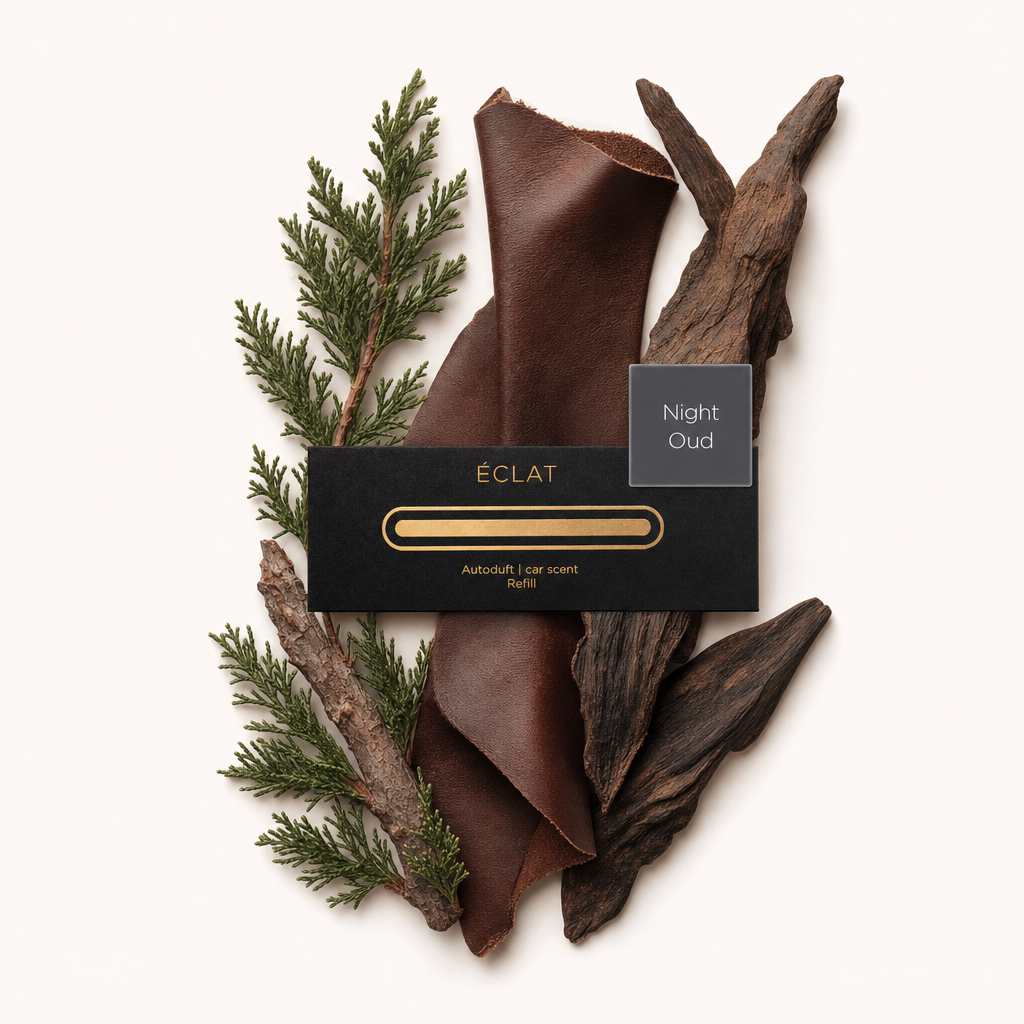 Ein Arrangement aus Zedernzweigen, Lederstreifen und Oud-Holz mit einer schwarzen ÉCLAT-Kappe, beschriftet mit 'Night Oud'.