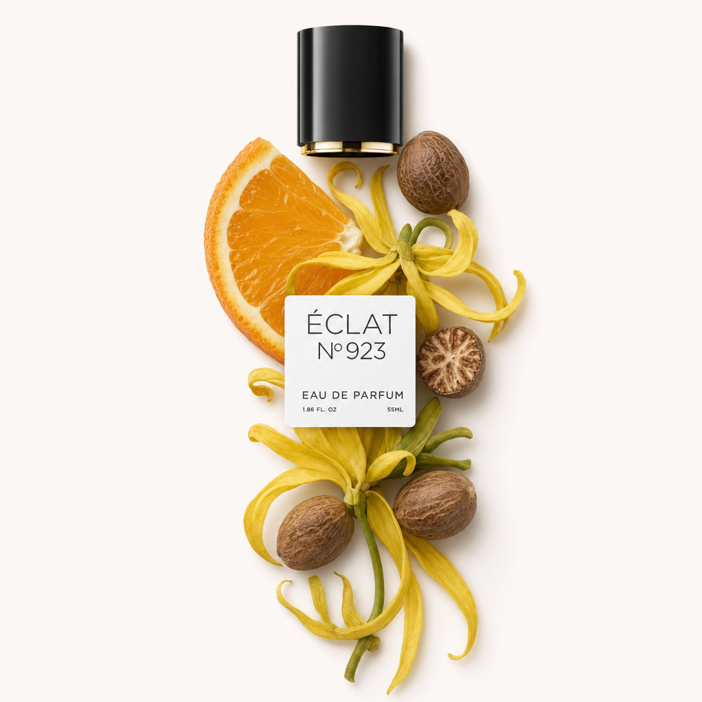 Eine Komposition aus Muskatnuss, Ylang-Ylang-Blüten und einer Orangenscheibe umgibt das ÉCLAT-Etikett und eine schwarze Kappe mit goldenem Ring.
