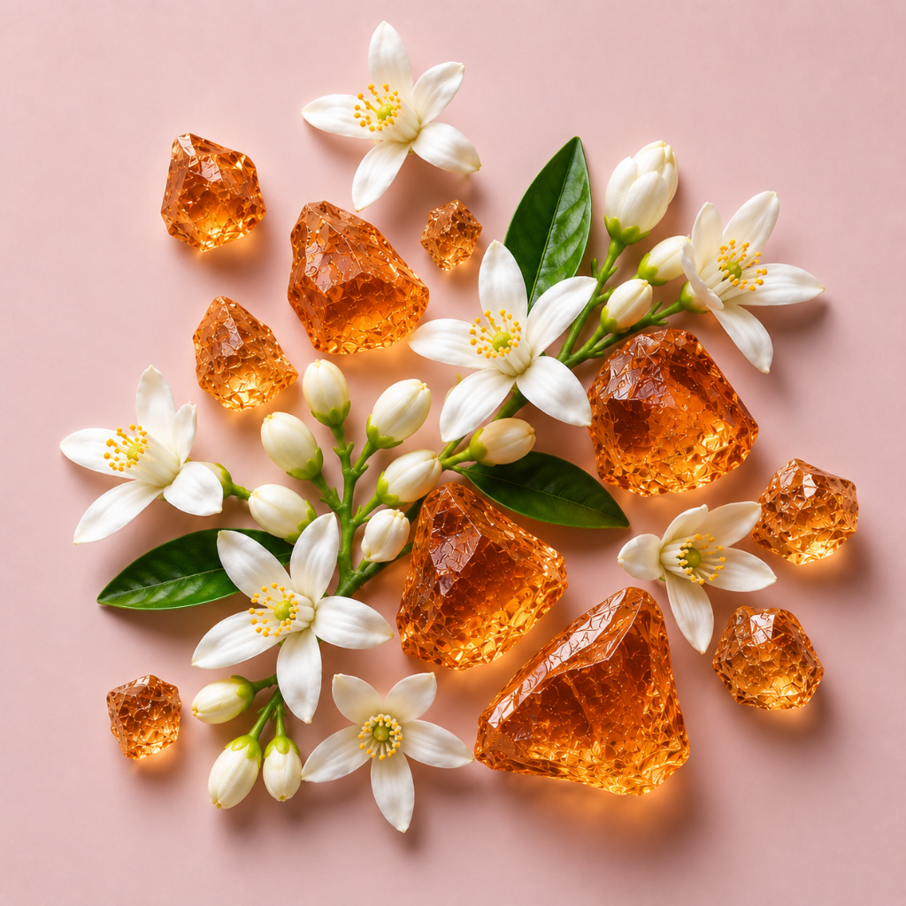 Ein Arrangement von facettierten, bernsteinfarbenen Kristallen mit Orangenblüten und grünen Blättern auf einem zartrosa Hintergrund, das ÉCLAT Orange Blossom & Ambroxide darstellt.