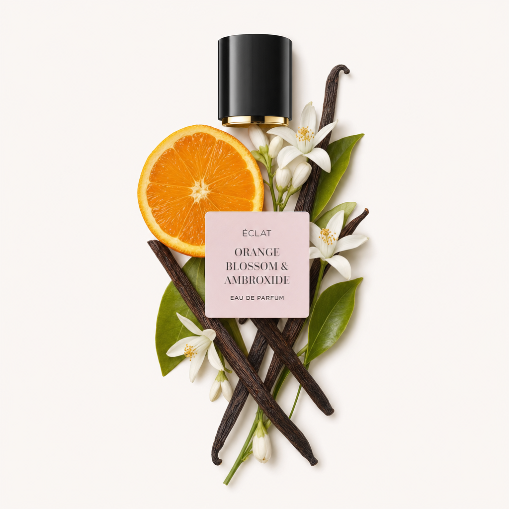 Ein harmonisches Arrangement aus Vanilleschoten, Orangenscheiben und Orangenblüten mit sattem Grün darunter, eine schwarze Kappe mit ÉCLAT Orange Blossom & Ambroxide Etikett darüber.