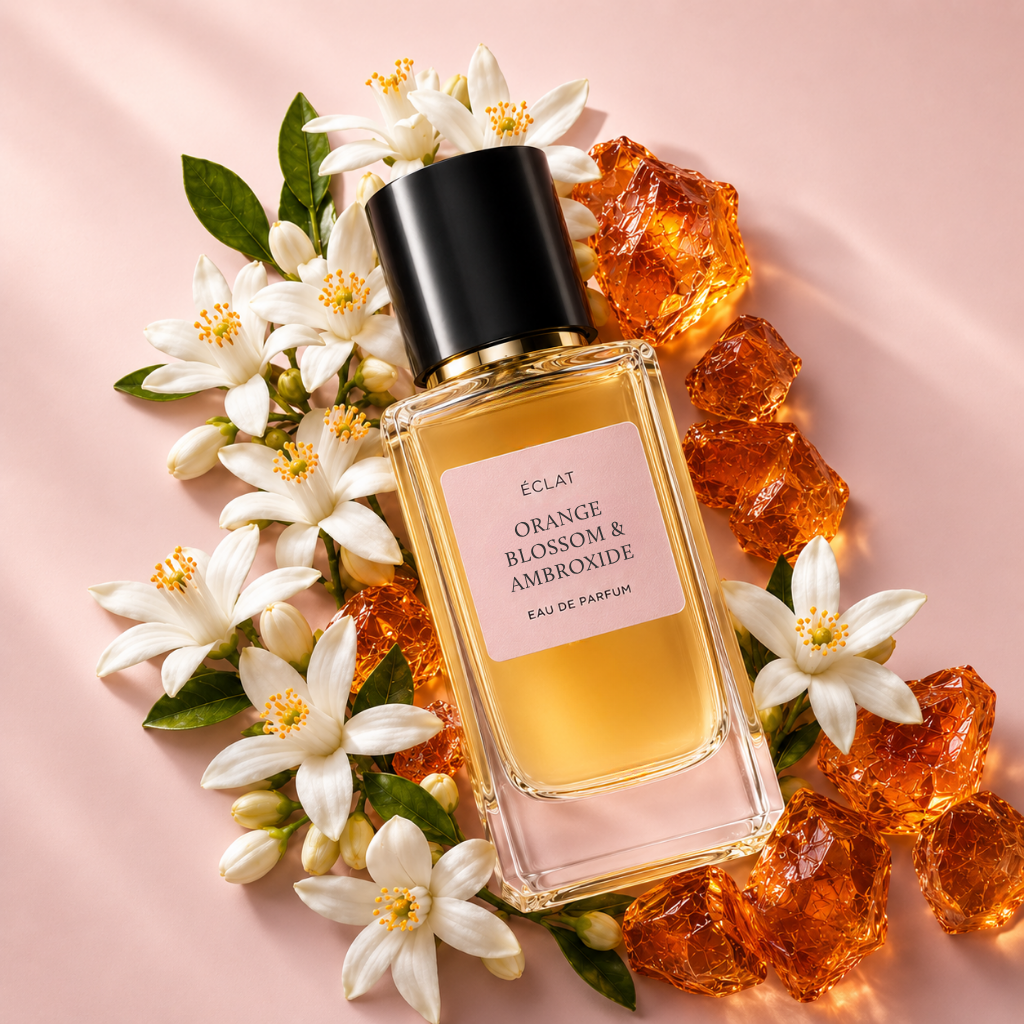 Ein facettierter Glasflakon des ÉCLAT Orange Blossom & Ambroxide Parfums mit schwarzer Verschlusskappe, umgeben von weißen Orangenblüten und bernsteinfarbenen Kristallen.
