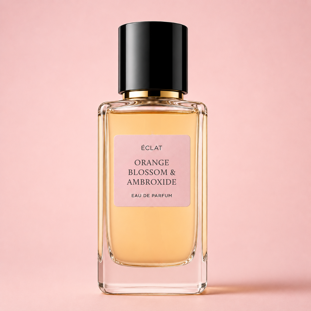 Das ÉCLAT Orange Blossom & Ambroxide Parfum präsentiert sich in einem facettierten Glasflakon mit einer eleganten schwarzen Kappe.
