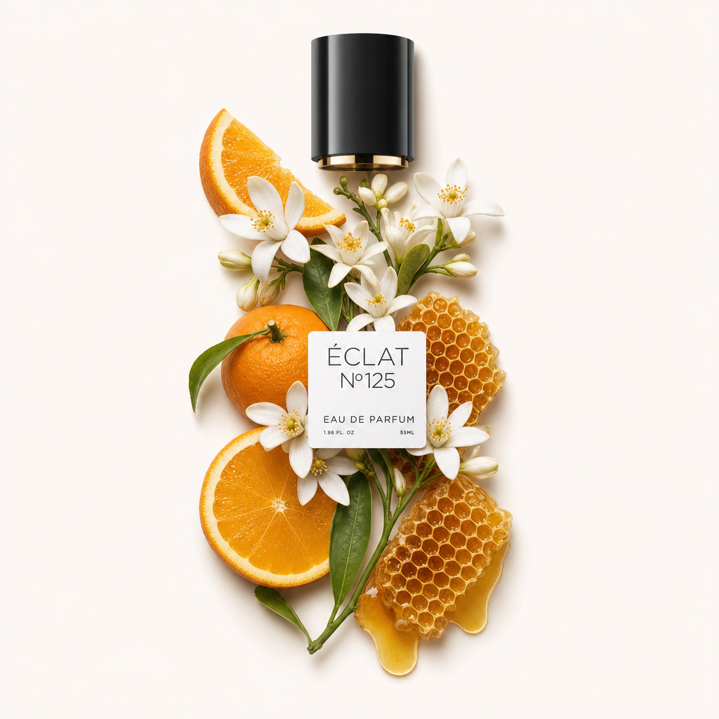 Ein Arrangement aus Orangenscheiben, Blüten und Honigwaben mit einer schwarzen Kappe und einem ÉCLAT-Etikett.