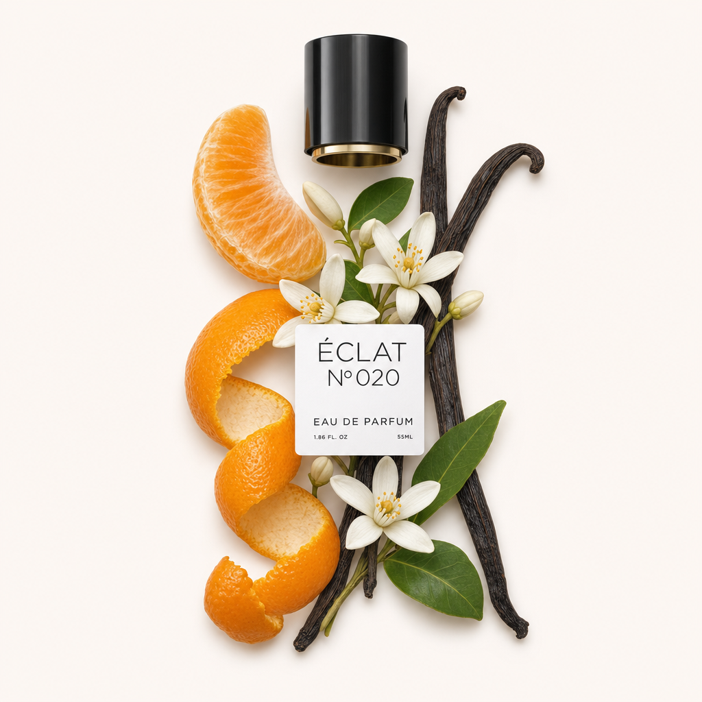 Eine schwarze Verschlusskappe mit Etikett liegt über einer Komposition aus Orangenscheiben, Vanilleschoten und zarten weißen Blüten mit grünen Blättern, die ÉCLAT Orange Blossom & Vanilla repräsentieren.