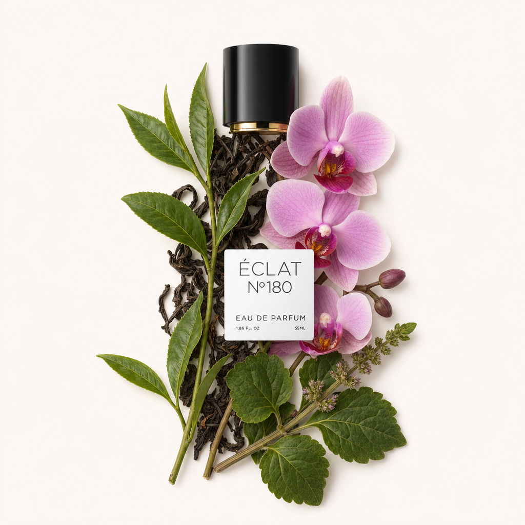 Ein Arrangement aus Orchideenblüten und üppigen Patchouliblättern mit einer schwarzen Kappe, die das ÉCLAT Orchid & Patchouli Etikett trägt.