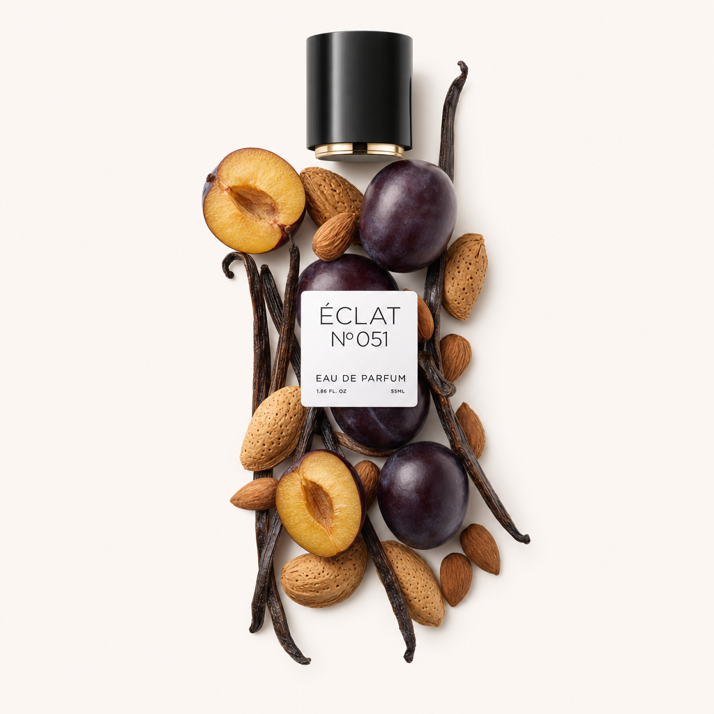 Ein Arrangement aus frischen Pflaumen, Mandeln und Vanilleschoten umgibt eine schwarze Verschlusskappe mit ÉCLAT Oriental Almond Etikett.
