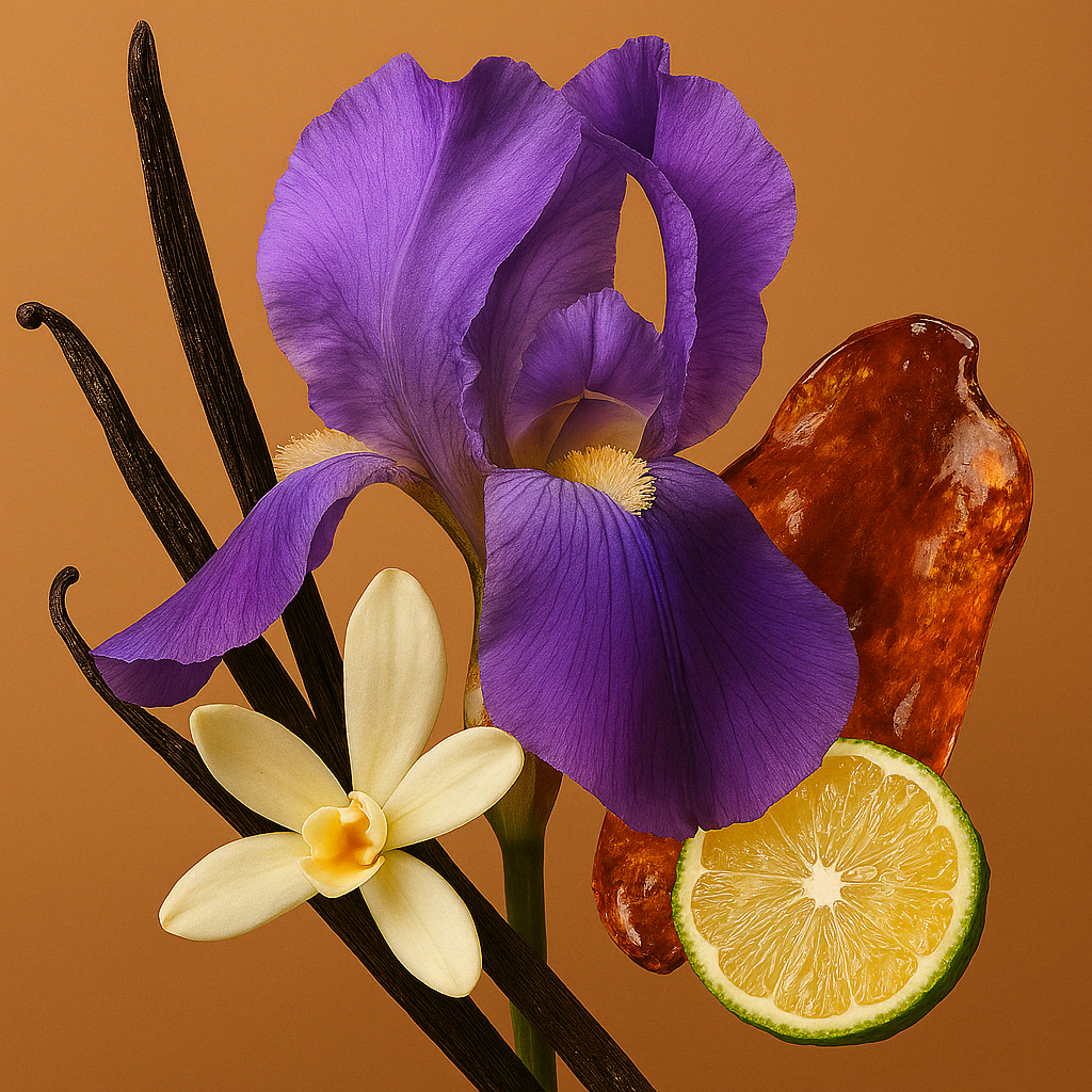 ÉCLAT Oriental Bergamot dargestellt mit einer lebhaften violetten Iris, Vanilleblüten, Vanilleschoten, Amberharz und einer Limettenscheibe.