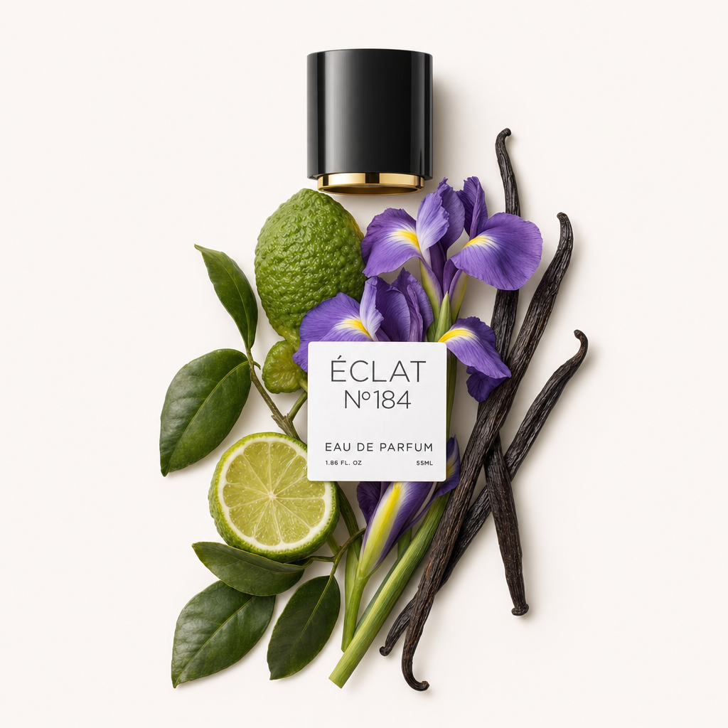 Ein Arrangement aus Bergamotte, Limettenscheibe, violetten Irisblüten und Vanilleschoten, mit einer schwarzen Kappe und einem goldenen Band sowie einem ÉCLAT-Etikett.
