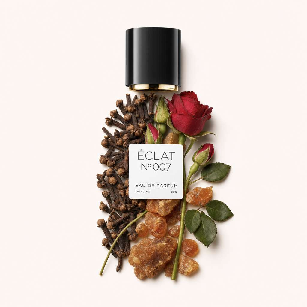 Ein von Hand arrangiertes Stillleben zeigt Nelken, eine rote Rose und Bernsteinsteine neben der originalen ÉCLAT-Kappe mit Etikett.