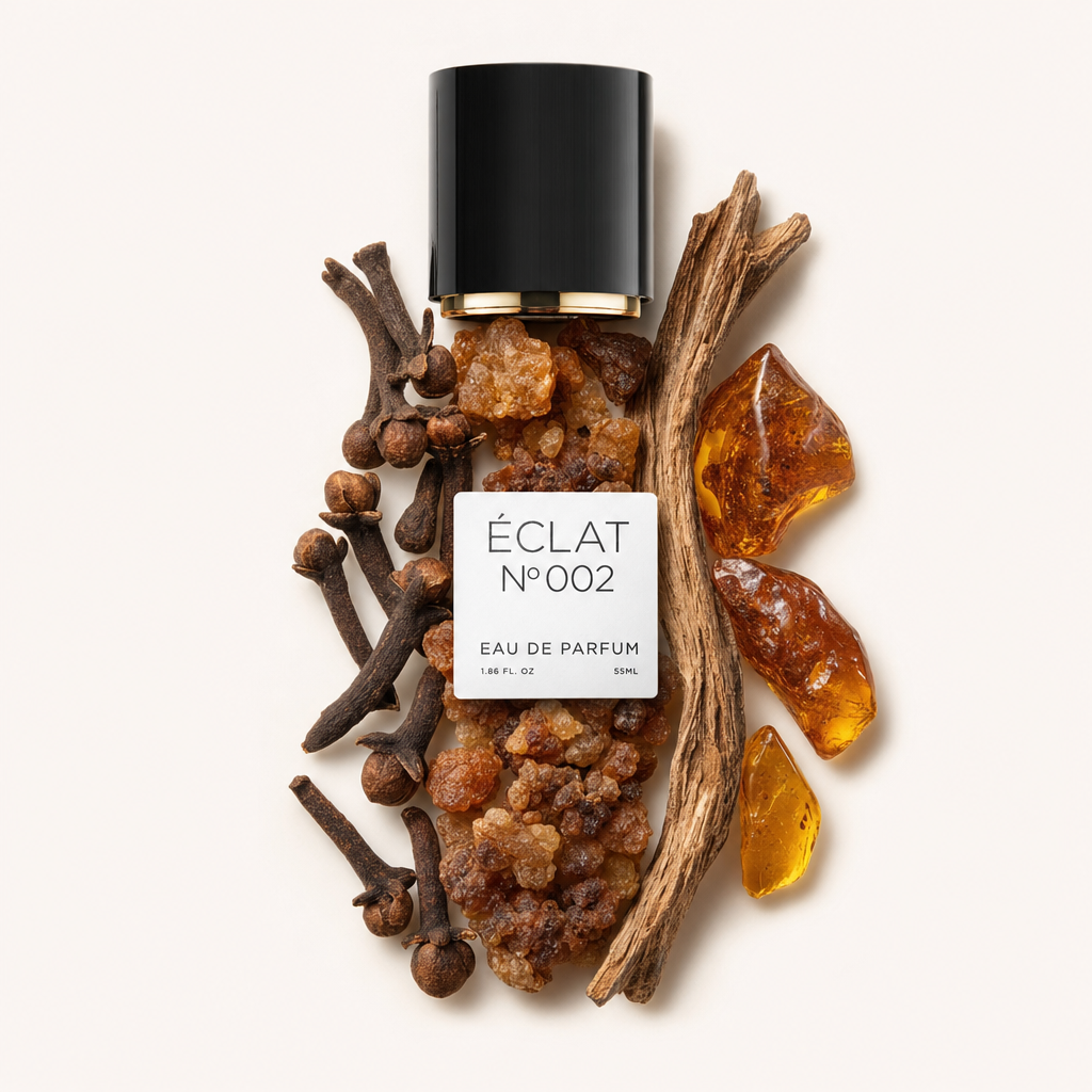 Ein Arrangement aus Nelken, Myrrhenharz und Bernsteinstücken umgibt eine schwarze Kappe mit ÉCLAT Oriental Myrrh Etikett.
