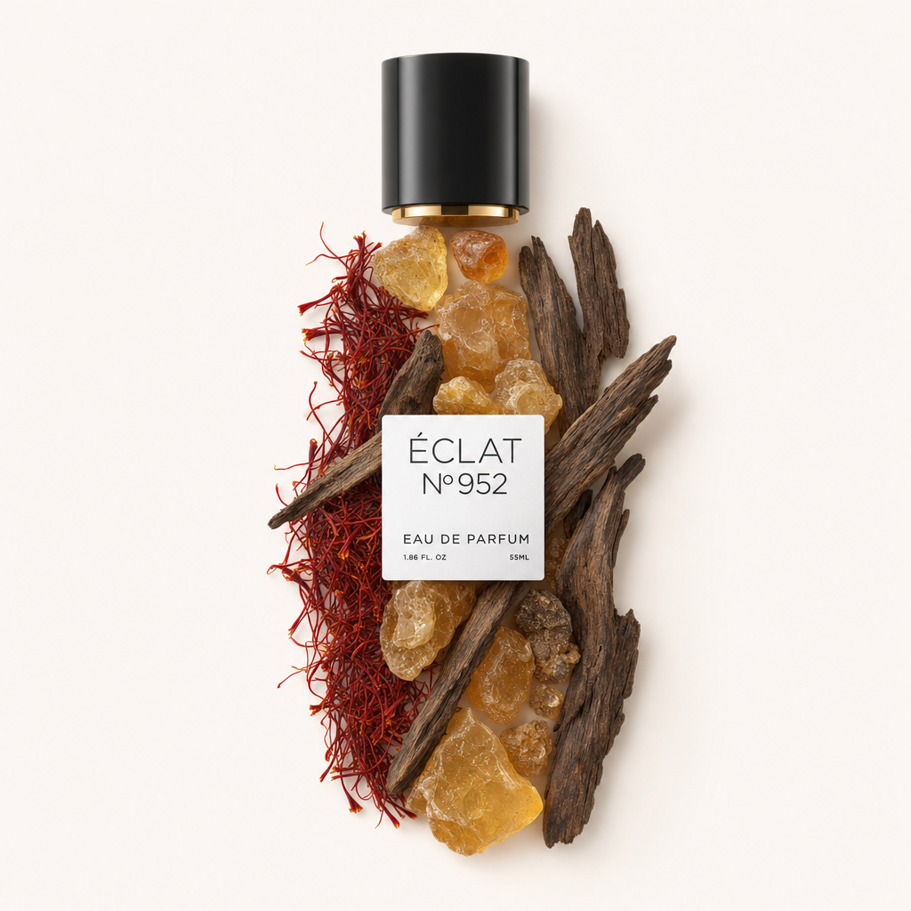Ein Arrangement aus Safranfäden, Bernsteinharz und Adlerholz umgibt die schwarze Kappe mit Etikett für ÉCLAT Oriental Oud.