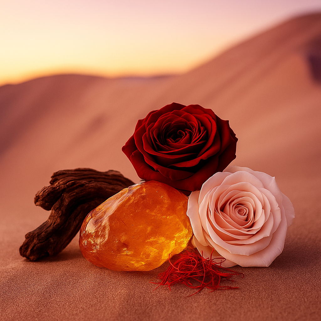 Eine lebendige Szene mit einer tiefroten Rose und einer zartrosa Rose auf goldenem Bernstein und getrocknetem Holz auf Sanddünen im Sonnenuntergang.