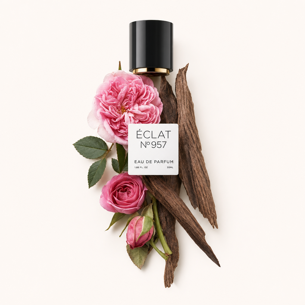 Ein elegantes Arrangement aus rosa Rosen und holzigen Elementen umgibt eine schwarze Verschlusskappe mit goldfarbenem Akzent, etikettiert mit ÉCLAT VIP - Oriental Rose.