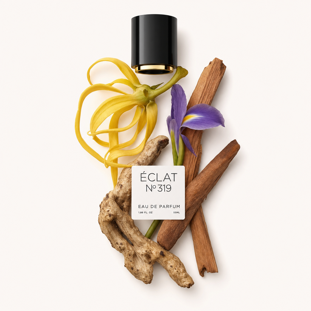 Ein Arrangement aus Ylang-Ylang-Blütenblättern, einer violetten Iris, Sandelholzstücken und Wurzel, mit einer schwarzen Kappe, beschriftet ÉCLAT Oriental Sandalwood.