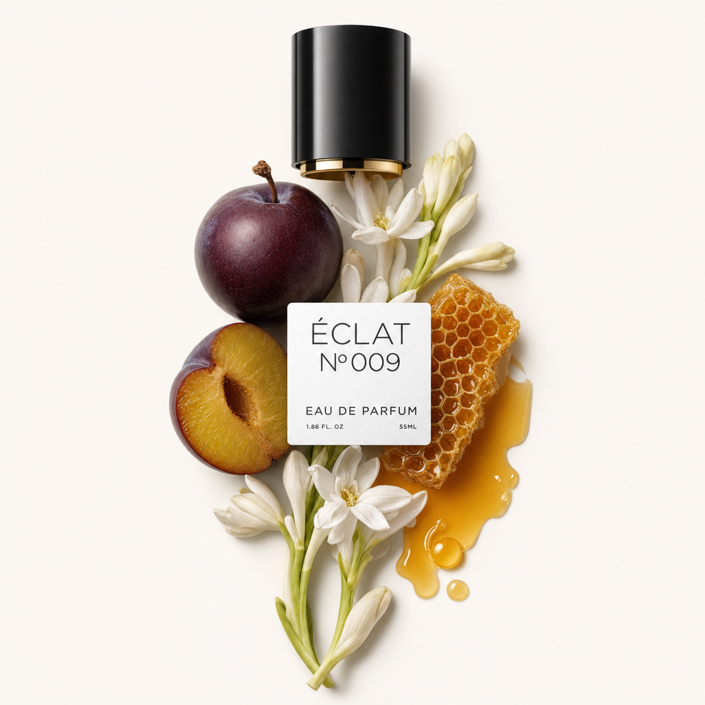 Ein von Hand arrangiertes Stillleben mit Pflaume, Honigwabe und weißen Tuberosenblüten umgeben eine schwarze Kappe mit ÉCLAT Oriental Tuberose Etikett.