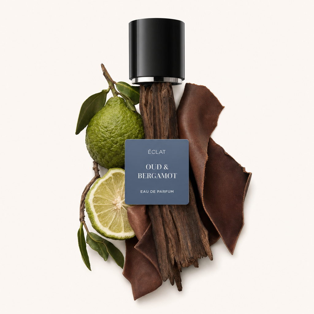 Ein Arrangement aus frischer Bergamotte, Zitrusscheibe, reichhaltigem Oud-Holz und Leder, verziert mit ÉCLATs schwarzer Verschlusskappe mit Etikett.