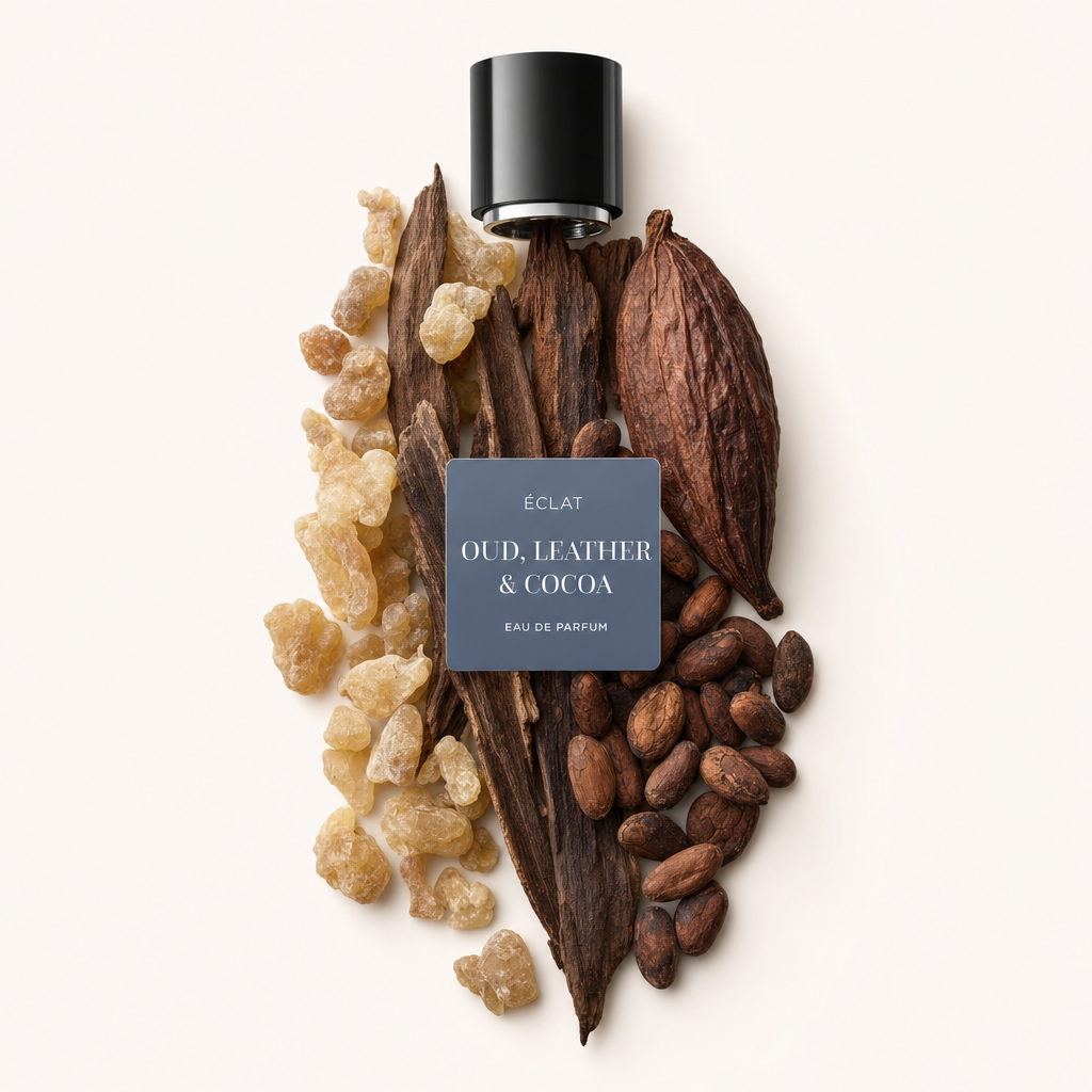 Ein Arrangement aus rohem Oud-Holz, Kakaobohnen in einer Kapsel und getrockneten Lederstücken um eine schwarze Kappe mit dem Label ÉCLAT Oud, Leather & Cocoa.