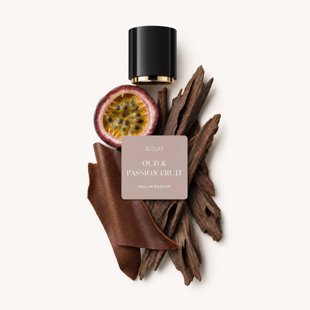 Ein Arrangement aus Oud-Holz, einer halben Passionsfrucht und einem Streifen braunen Leders umgibt die schwarze Kappe mit ÉCLAT Oud & Passion Fruit Etikett.
