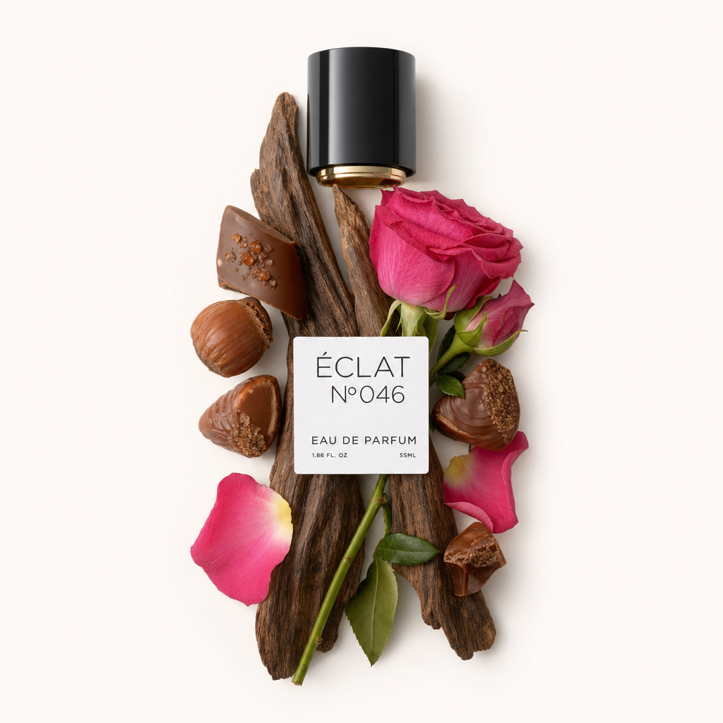 Ein Arrangement aus Oud-Holz, Pralinen und Rosen, das die schwarze Kappe mit ÉCLAT-Etikett hervorhebt.