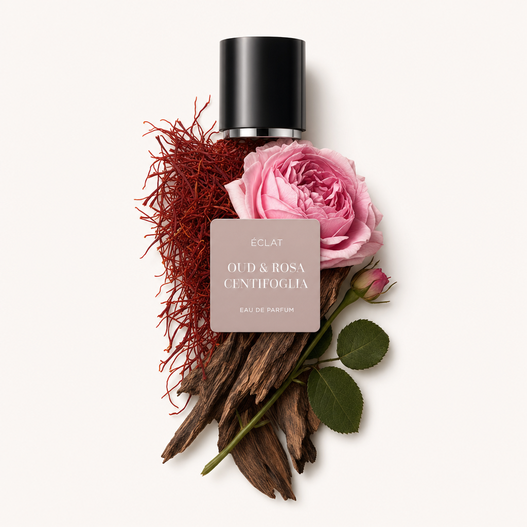 Ein Arrangement von ÉCLAT Oud & Rosa Centifolia mit Oud-Holz, einer pinken Centifolia-Rose und roten Safranfäden, umgeben von einer schwarzen Kappe mit Etikett.