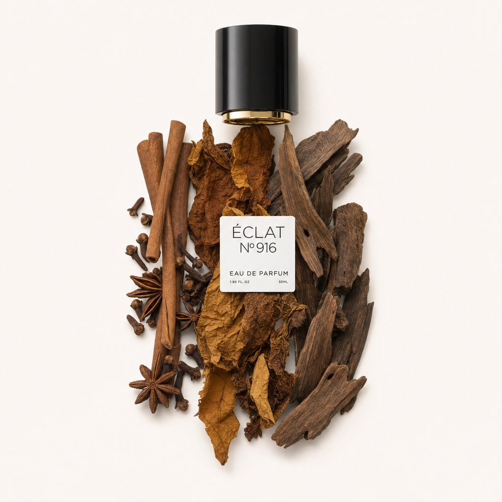 Ein Arrangement aus Zimtstangen, Tabakblättern, Sternanis, Nelken und Oud-Holz umgibt eine schwarze Verschlusskappe mit ÉCLAT Oud & Tobacco.