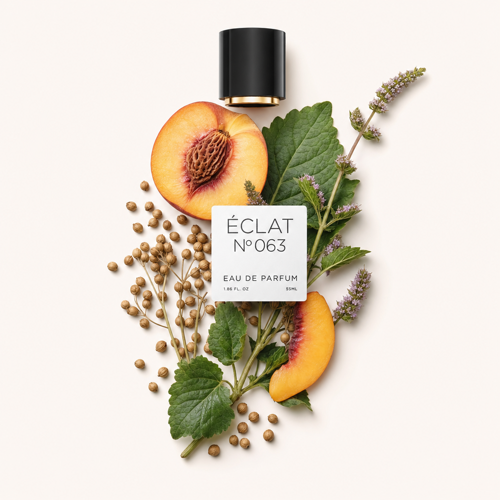 Ein Arrangement aus frischen Patchouli-Blättern, Koriandersamen und Pfirsichscheiben, mit einer schwarzen Kappe mit ÉCLAT Patchouli & Peach Etikett.