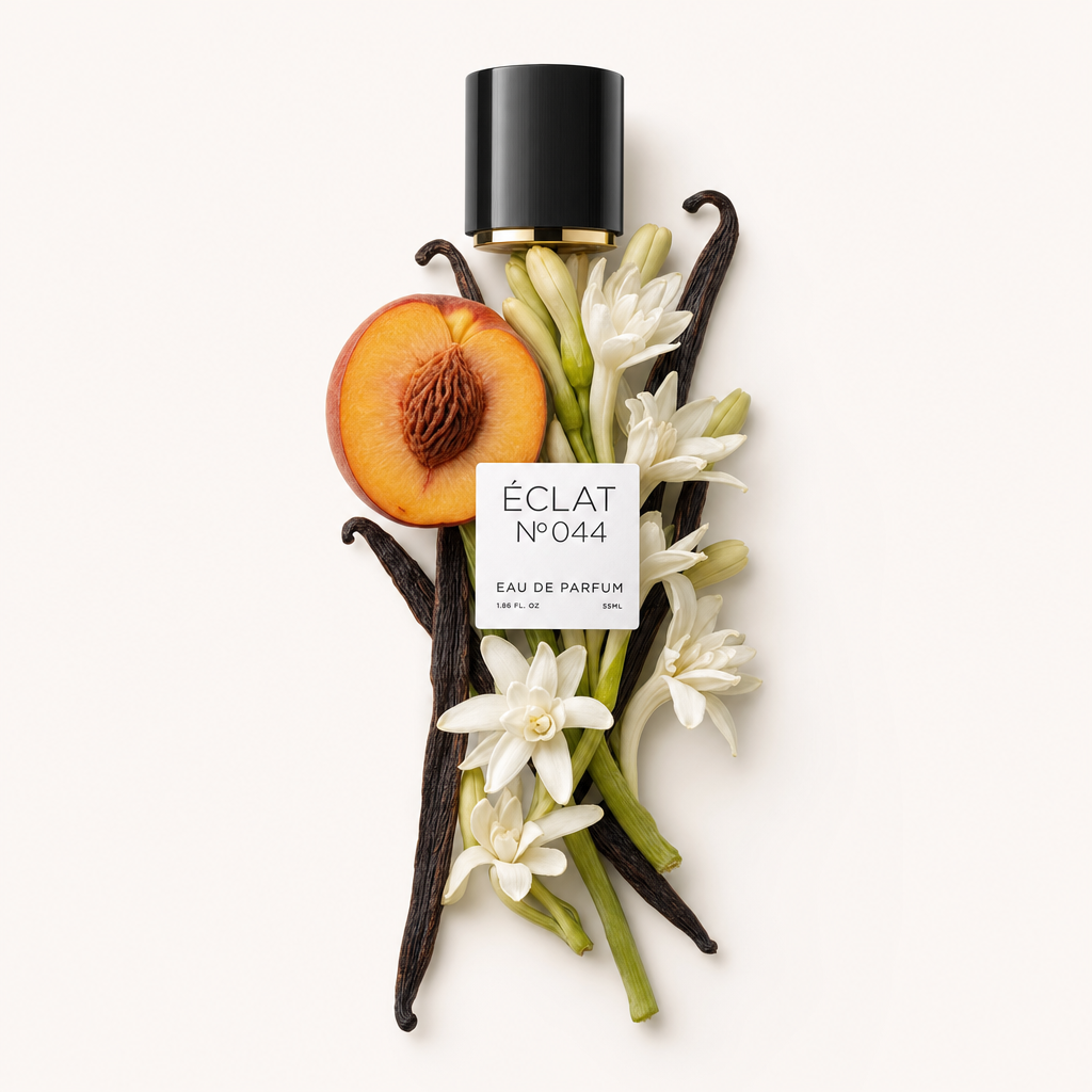 Ein Arrangement aus Pfirsich, Tuberose und Vanilleschoten umgibt eine schwarze Kappe mit Etikett für ÉCLAT VIP - Peach, Tuberose & Vanilla.