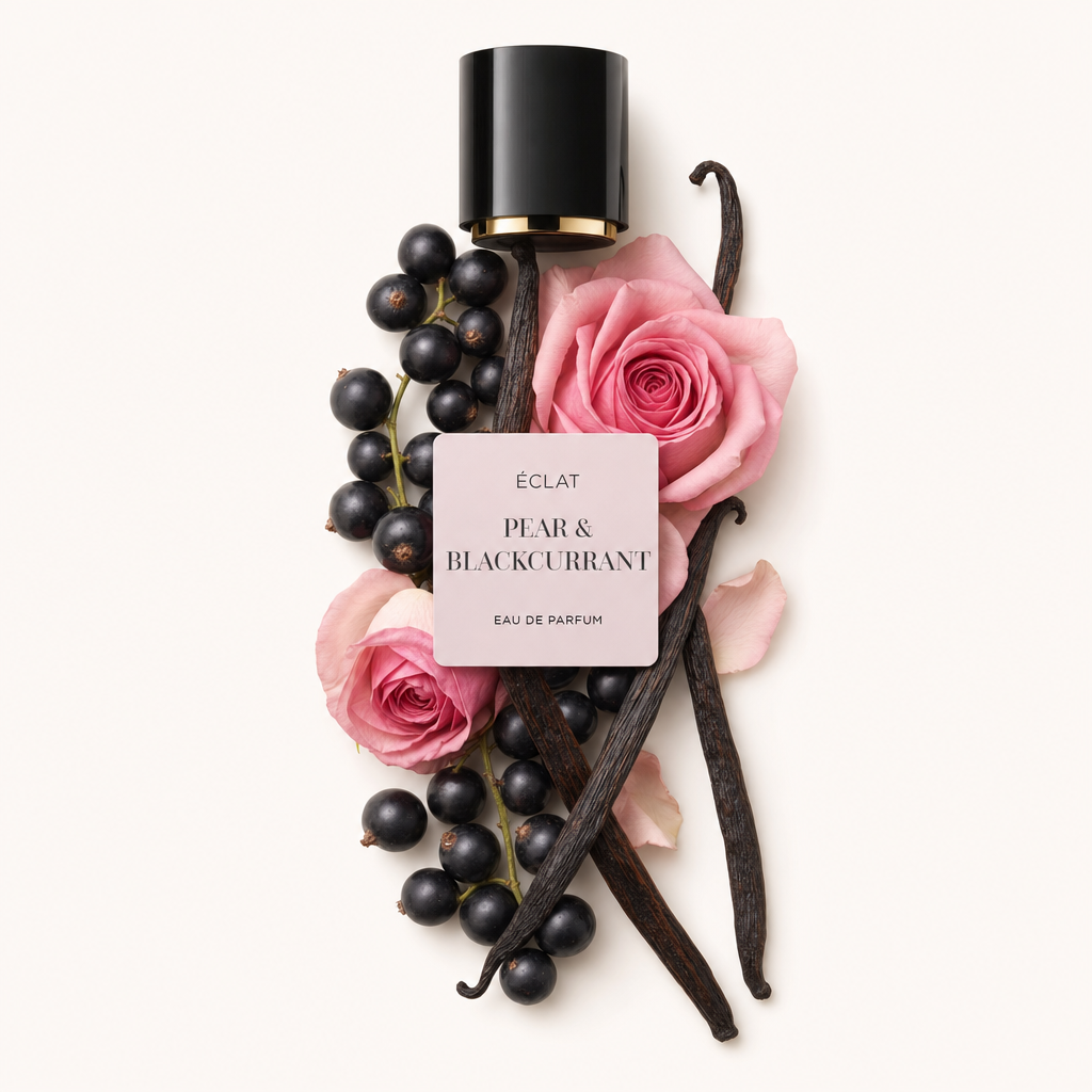 Ein Arrangement aus schwarzen Johannisbeeren, rosa Rosen und Vanilleschoten mit einer schwarzen Kappe und einem Etikett mit der Aufschrift ÉCLAT Pear & Blackcurrant.