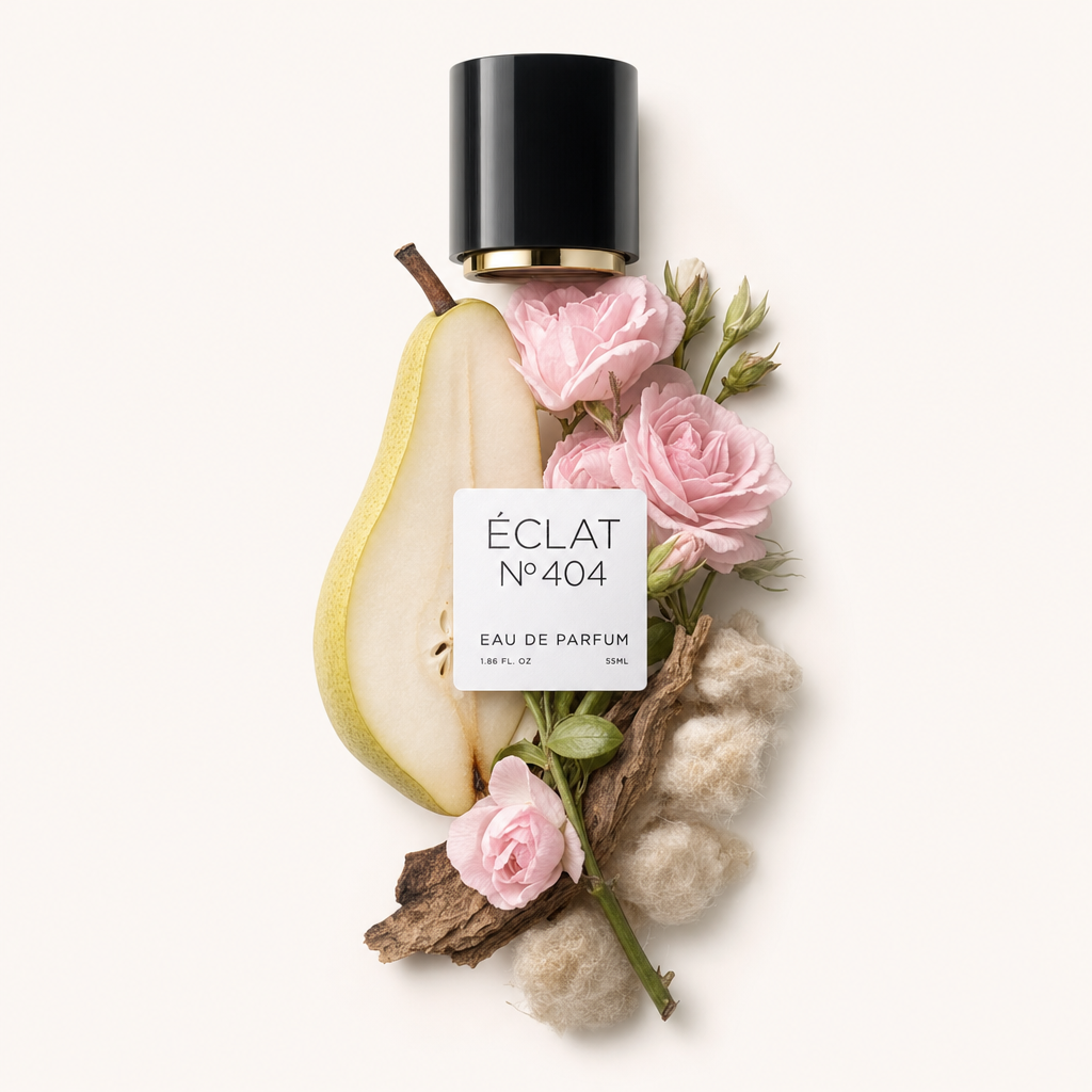 Ein Arrangement aus einer halbierten Birne, zarten rosa Rosen, rustikalem Holz und weichen Baumwollflocken um eine schwarze ÉCLAT-Kappe mit Etikett.