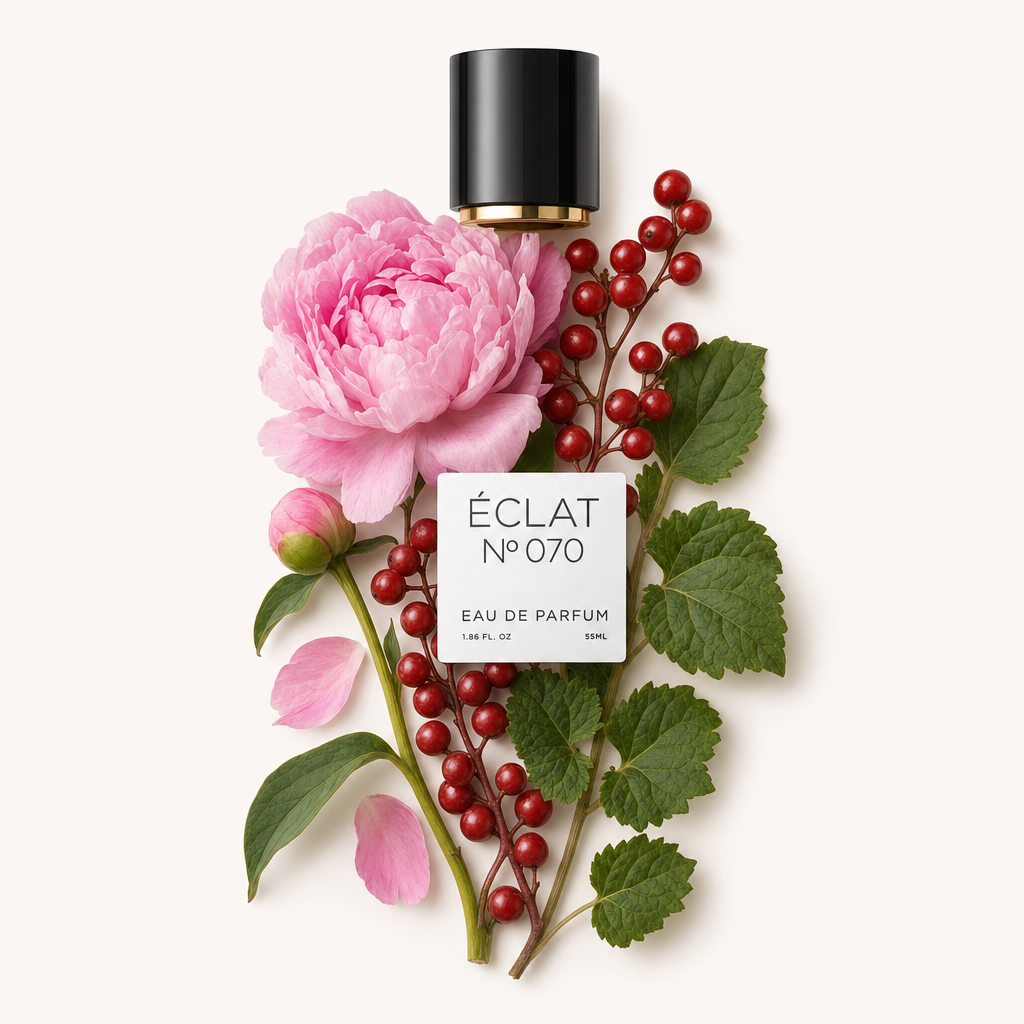 Ein Arrangement aus rosa Pfingstrosenblüten und roten Beeren mit grünen Blättern, darüber eine schwarze Kappe mit ÉCLAT Peony & Patchouli Etikett.