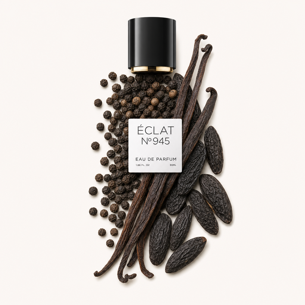 Ein Arrangement aus Vanilleschoten, Tonkabohnen und Pfefferkörnern um eine schwarze Kappe mit der Aufschrift ÉCLAT 945.