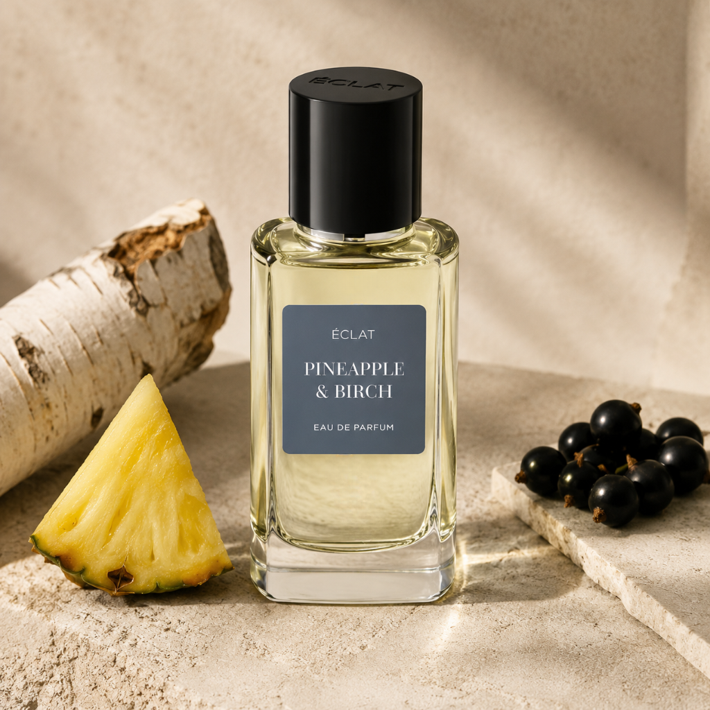 Ein facettierter Glasflakon von ÉCLAT Pineapple & Birch mit schwarzer Kappe, umgeben von einem Birkenstamm, einer Ananasscheibe und schwarzen Johannisbeeren.
