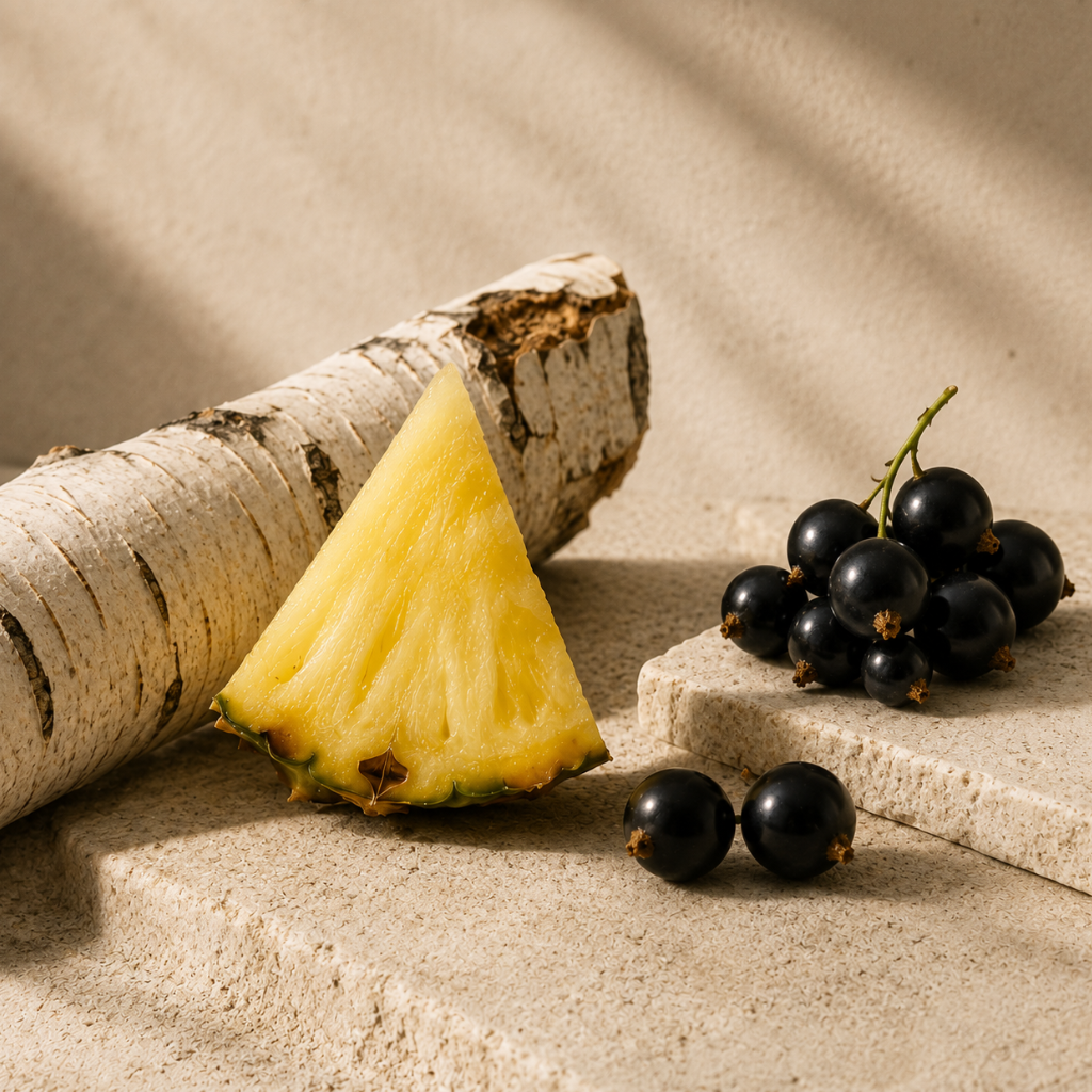 Ein Stück Ananas, Birkenrinde und schwarze Johannisbeeren, elegant arrangiert auf strukturierten Steinplatten, spiegeln die Essenz von ÉCLAT VIP - Pineapple & Birch wider.