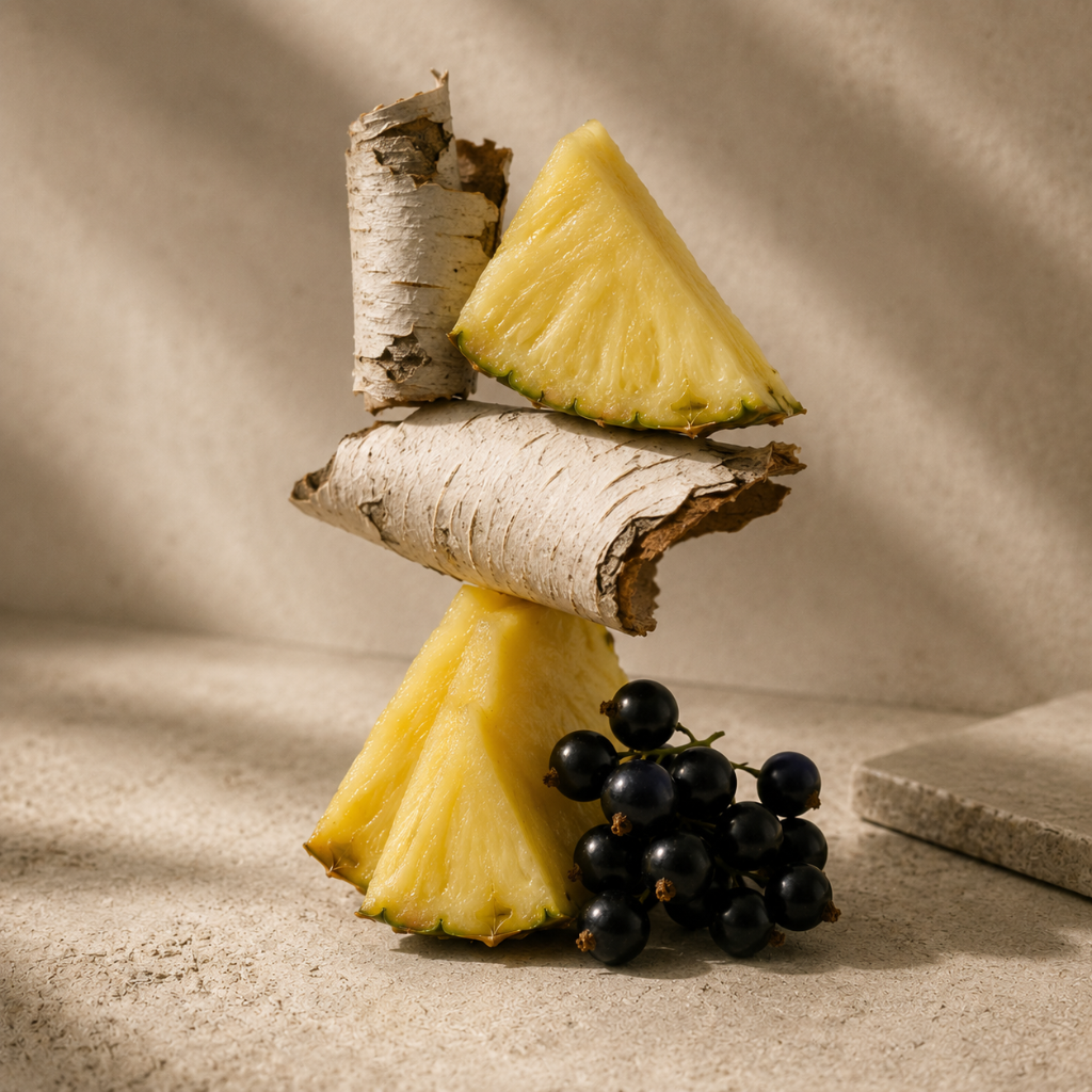 Eine Komposition aus frischen Ananasscheiben, gestapelt mit Birkenrinde und begleitet von schwarzen Johannisbeeren, repräsentiert ÉCLAT VIP Pineapple & Birch.