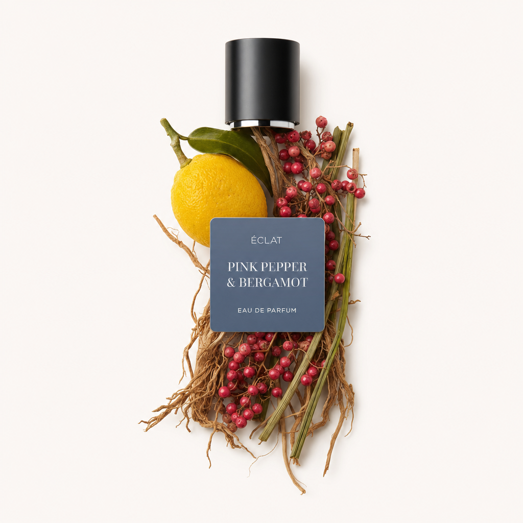 Ein Arrangement aus rosa Pfefferbeeren, einer gelben Bergamotte und getrocknetem Gras umgibt eine schwarze Kappe mit einem ÉCLAT Pink Pepper & Bergamot Etikett.