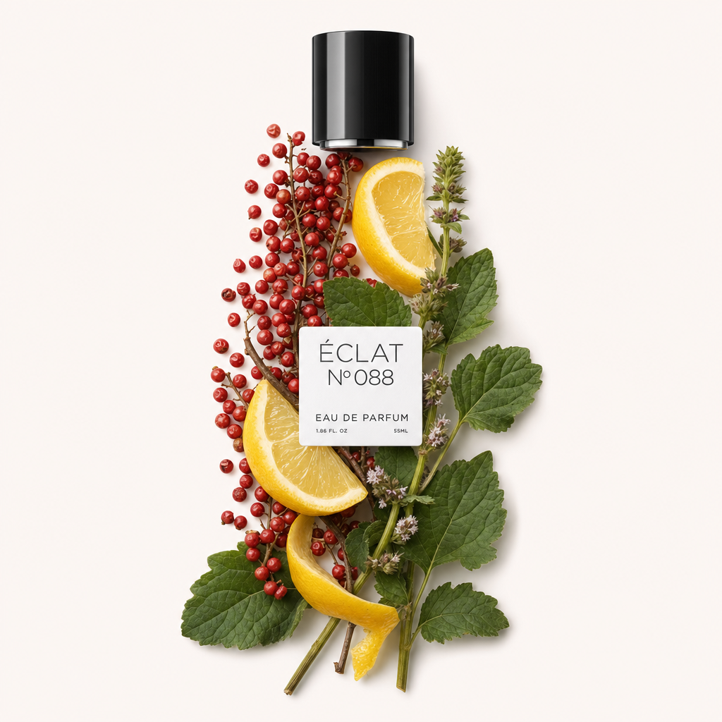 Ein Arrangement aus rosa Pfefferkörnern, Zitrusscheiben und grünen Blättern rund um eine schwarze Kappe mit ÉCLAT Pink Pepper & Citrus Fruits Etikett.