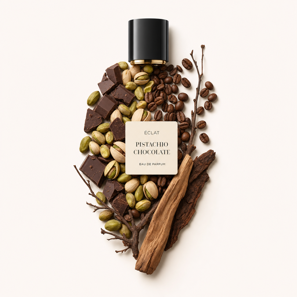 Ein Arrangement aus Schokoladenstücken, Pistazien, Kaffeebohnen und Holz, mit einer schwarzen Kappe und einem Etikett von ÉCLAT Pistachio Chocolate oben.