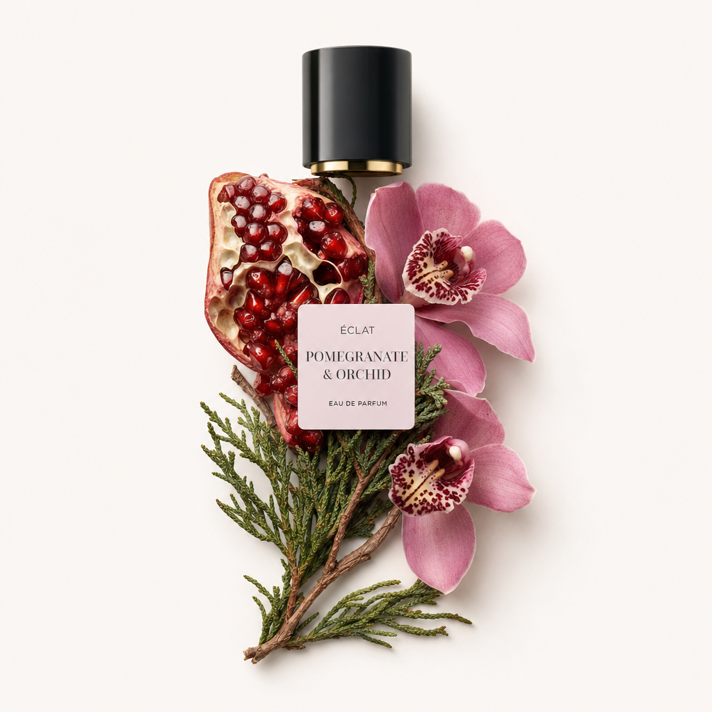 Ein von Hand arrangiertes Ensemble aus Granatapfelkernen, pinken Orchideen und grünem Laub umrahmt die schwarze Kappe mit dem ÉCLAT Pomegranate & Orchid Etikett.